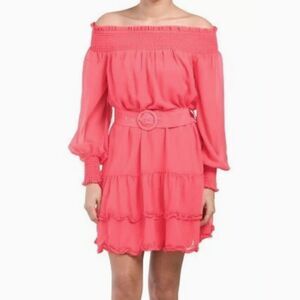BCBGeneration Off the Shoulder Belted Ruffle Mini Dress - Coral (Size 2)